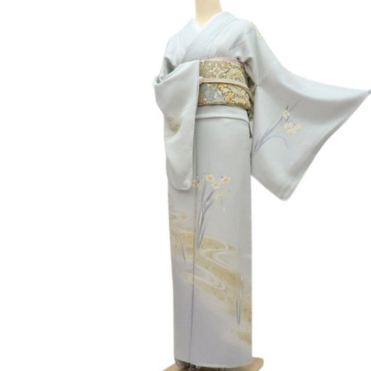 【中古】百華 Y4569 未着用 作家物落款 丹後ちりめん 流水×水仙 仕付け糸付 正絹 訪問着 着物 単品