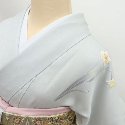 【中古】百華 Y4569 未着用 作家物落款 丹後ちりめん 流水×水仙 仕付け糸付 正絹 訪問着 着物 単品