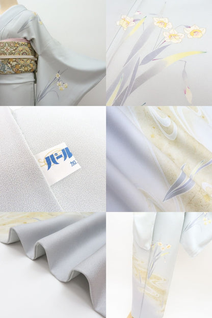 【中古】百華 Y4569 未着用 作家物落款 丹後ちりめん 流水×水仙 仕付け糸付 正絹 訪問着 着物 単品