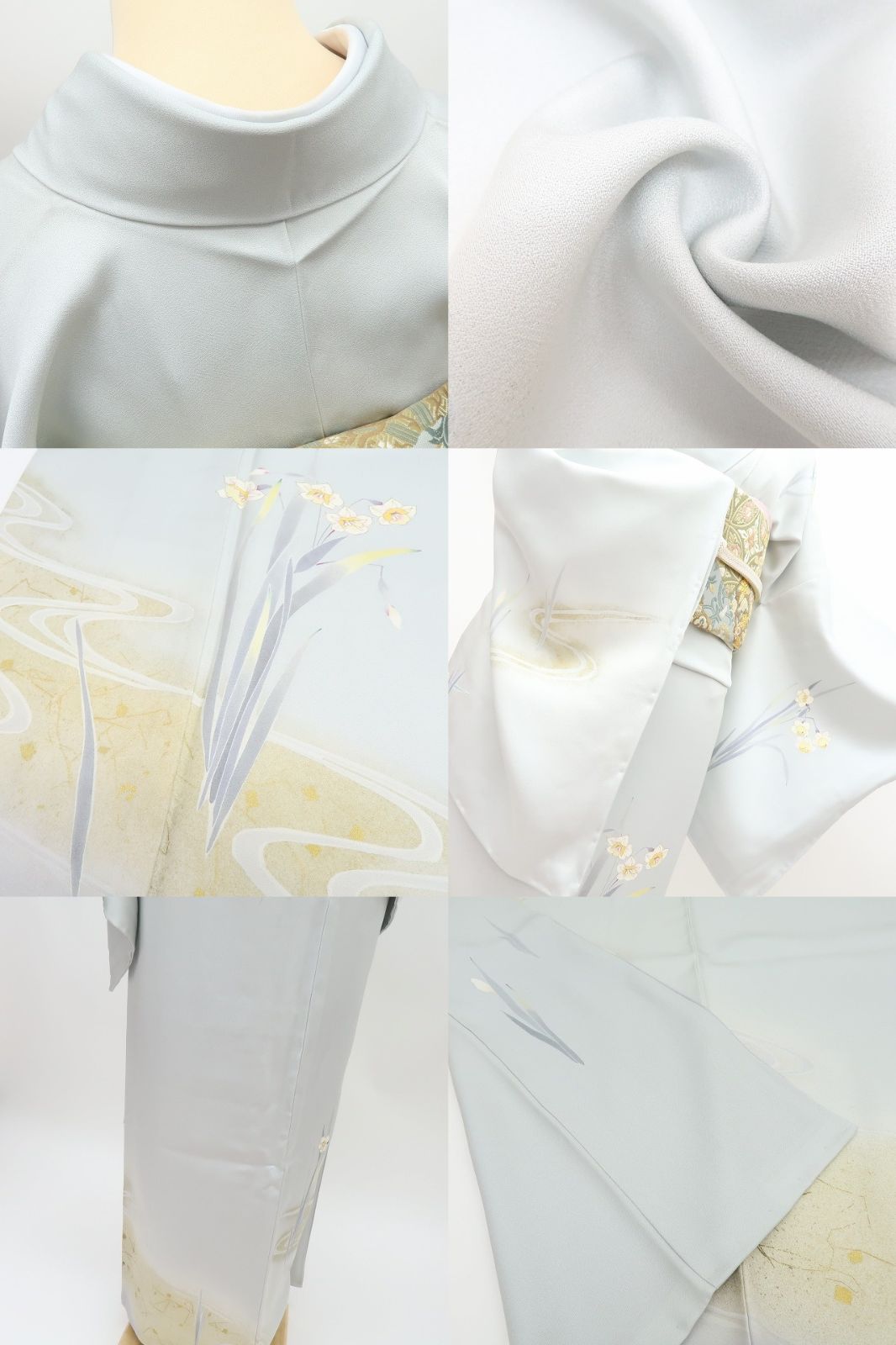 【中古】百華 Y4569 未着用 作家物落款 丹後ちりめん 流水×水仙 仕付け糸付 正絹 訪問着 着物 単品