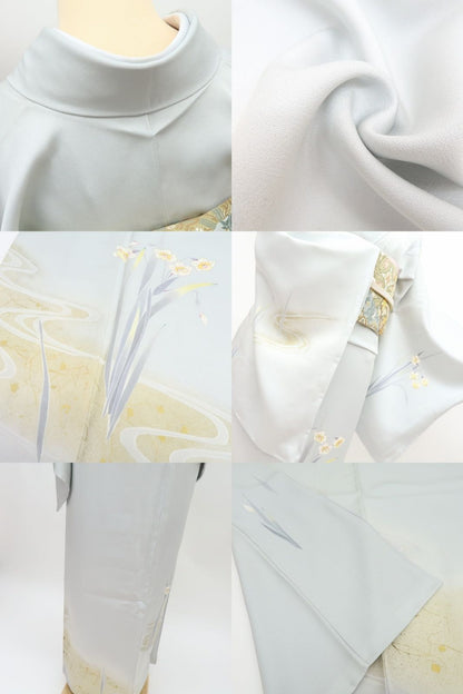 【中古】百華 Y4569 未着用 作家物落款 丹後ちりめん 流水×水仙 仕付け糸付 正絹 訪問着 着物 単品