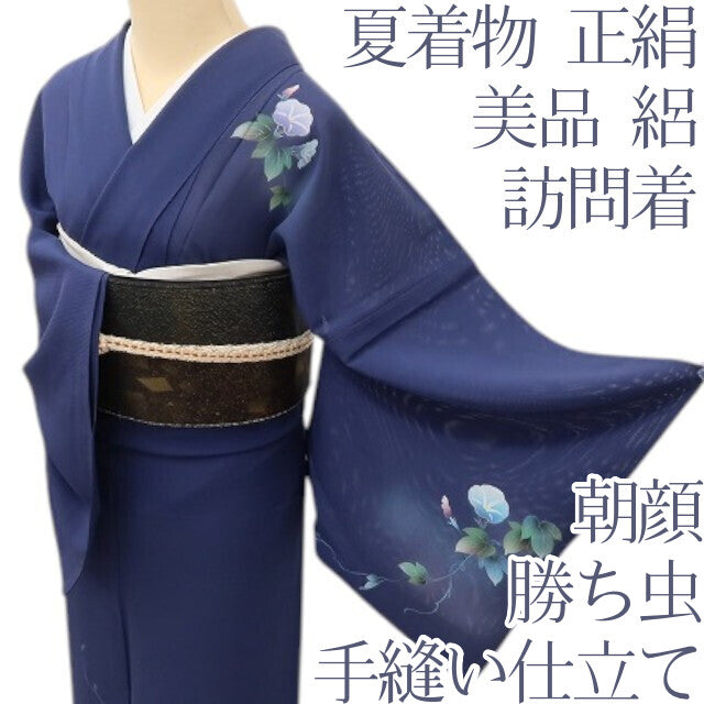 百華 Y5417 美品 夏着物 朝顔 トンボ 勝ち虫 絽 正絹 手縫い仕立て 訪問着