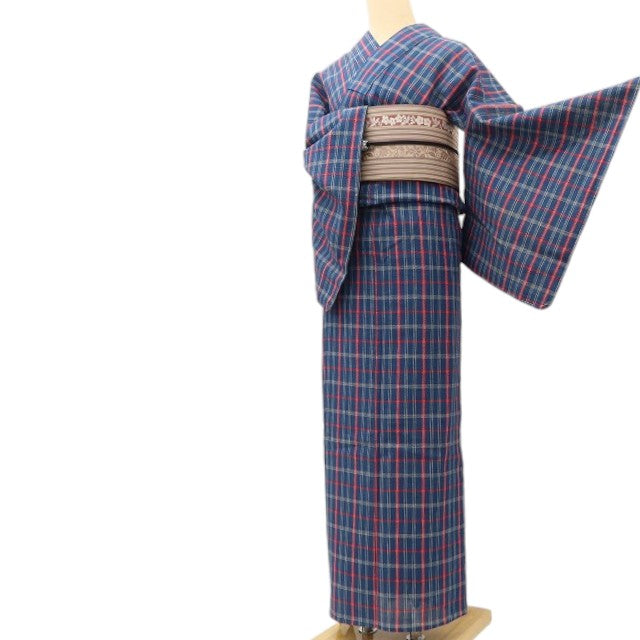 百華 Y5483 美品未着用 仕付け糸付 洗える夏着物 チェック柄 しじら織 綿 手縫い仕立て 浴衣　