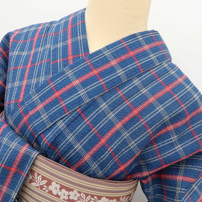 百華 Y5483 美品未着用 仕付け糸付 洗える夏着物 チェック柄 しじら織 綿 手縫い仕立て 浴衣　