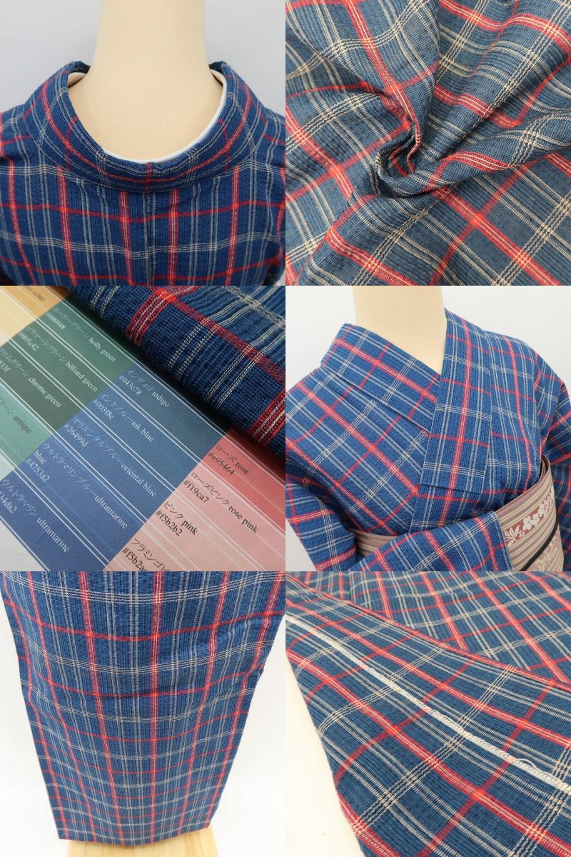 百華 Y5483 美品未着用 仕付け糸付 洗える夏着物 チェック柄 しじら織 綿 手縫い仕立て 浴衣　