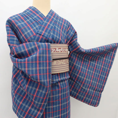 百華 Y5483 美品未着用 仕付け糸付 洗える夏着物 チェック柄 しじら織 綿 手縫い仕立て 浴衣　