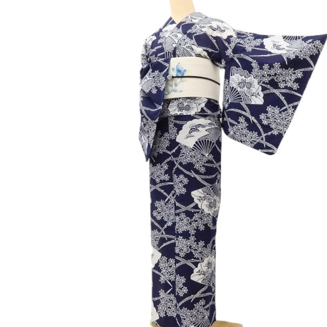 百華 Y5492 美品 洗える夏着物 注染 扇面 紅葉 松 菊 綿 居敷当て付 浴衣