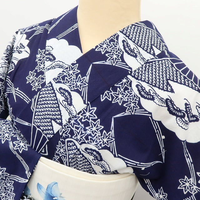 百華 Y5492 美品 洗える夏着物 注染 扇面 紅葉 松 菊 綿 居敷当て付 浴衣