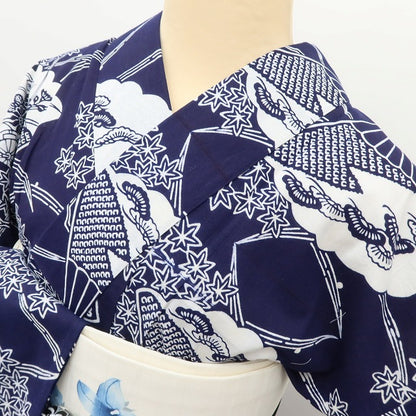 百華 Y5492 美品 洗える夏着物 注染 扇面 紅葉 松 菊 綿 居敷当て付 浴衣