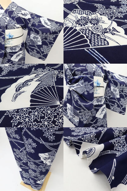 百華 Y5492 美品 洗える夏着物 注染 扇面 紅葉 松 菊 綿 居敷当て付 浴衣