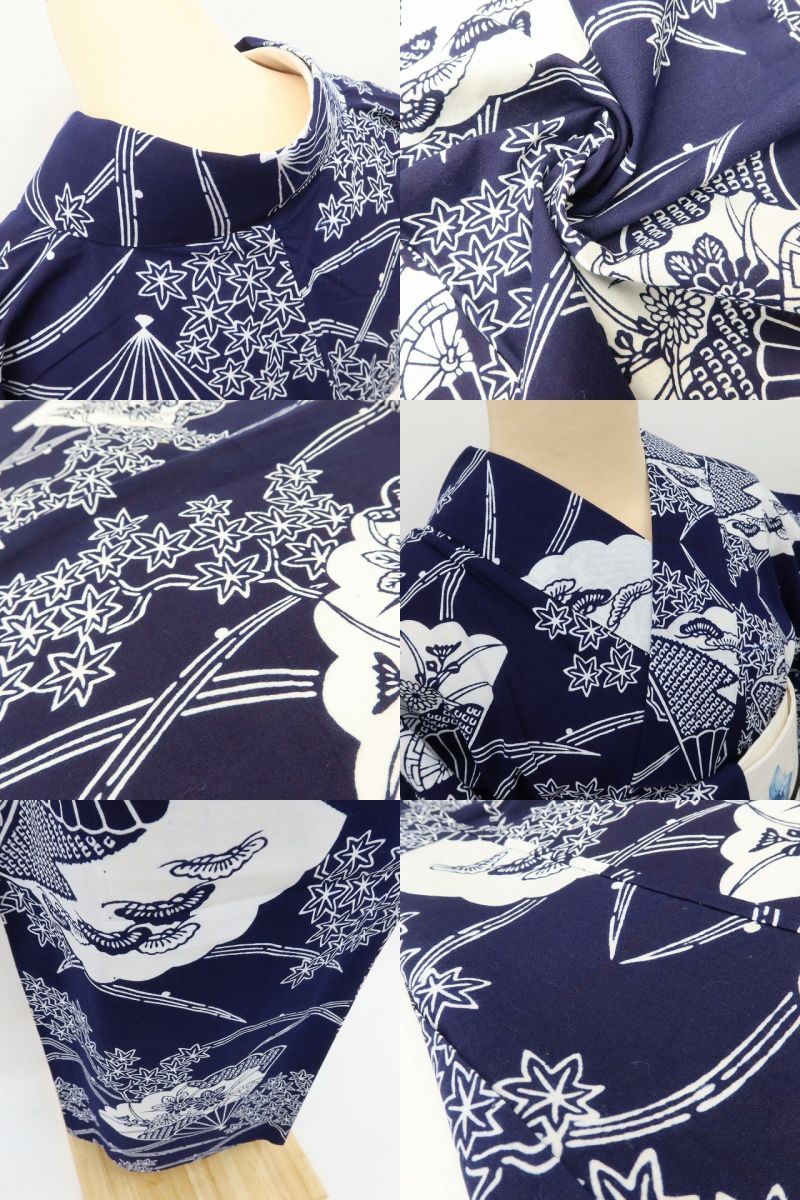 百華 Y5492 美品 洗える夏着物 注染 扇面 紅葉 松 菊 綿 居敷当て付 浴衣