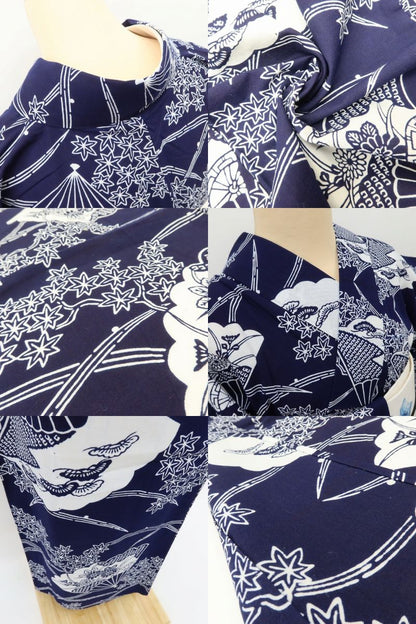 百華 Y5492 美品 洗える夏着物 注染 扇面 紅葉 松 菊 綿 居敷当て付 浴衣