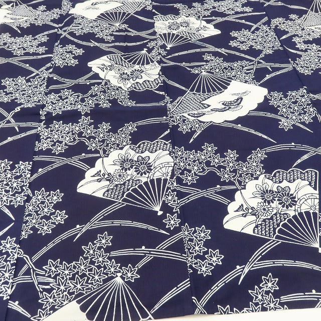 百華 Y5492 美品 洗える夏着物 注染 扇面 紅葉 松 菊 綿 居敷当て付 浴衣