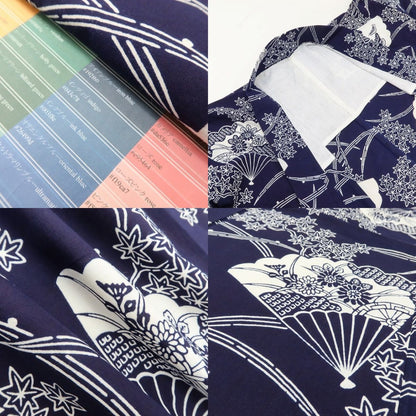 百華 Y5492 美品 洗える夏着物 注染 扇面 紅葉 松 菊 綿 居敷当て付 浴衣