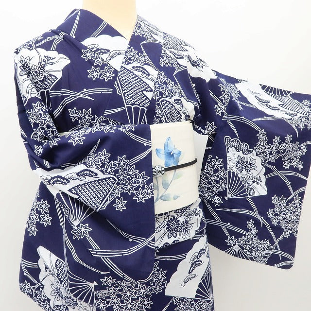 百華 Y5492 美品 洗える夏着物 注染 扇面 紅葉 松 菊 綿 居敷当て付 浴衣