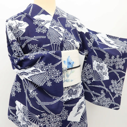 百華 Y5492 美品 洗える夏着物 注染 扇面 紅葉 松 菊 綿 居敷当て付 浴衣