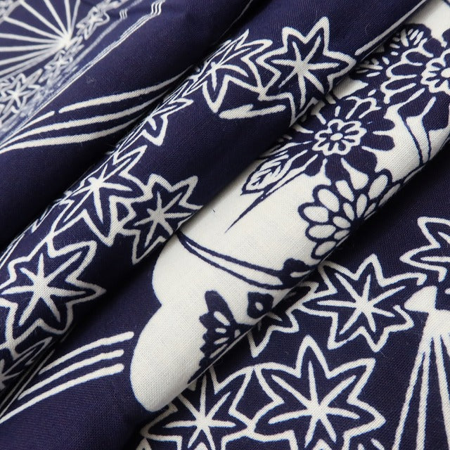 百華 Y5492 美品 洗える夏着物 注染 扇面 紅葉 松 菊 綿 居敷当て付 浴衣