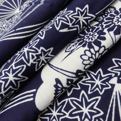 百華 Y5492 美品 洗える夏着物 注染 扇面 紅葉 松 菊 綿 居敷当て付 浴衣