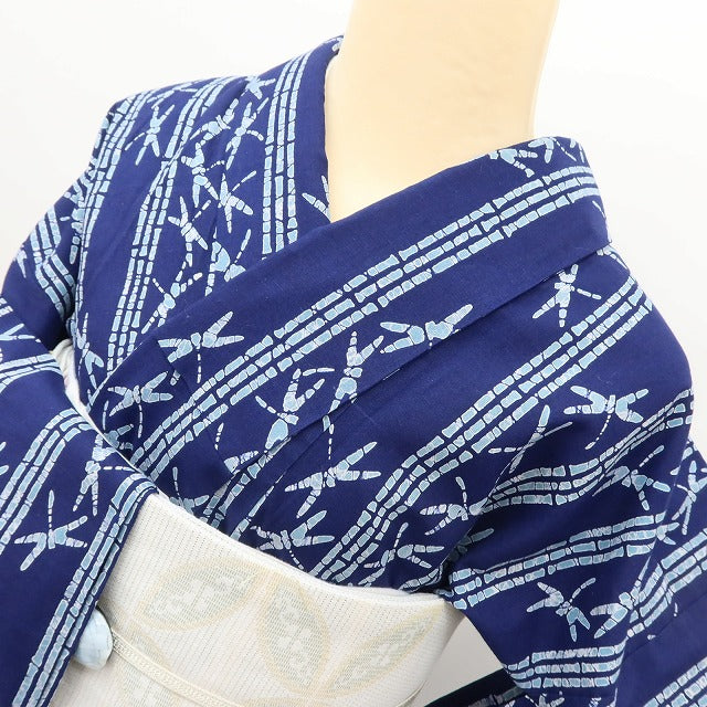 百華 Y5493 美品 洗える夏着物 高級仕立て 竹縞 勝ち虫 トンボ 手縫い仕立て 浴衣