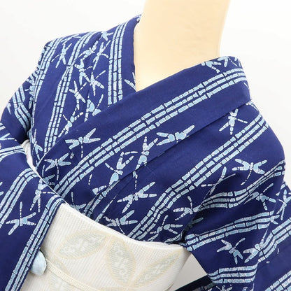 百華 Y5493 美品 洗える夏着物 高級仕立て 竹縞 勝ち虫 トンボ 手縫い仕立て 浴衣