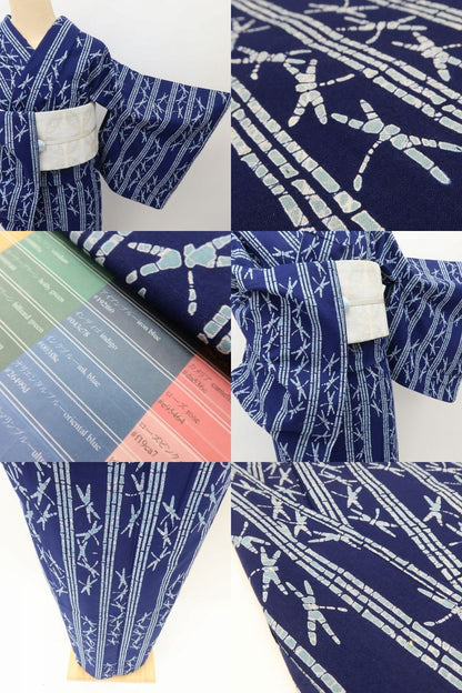 百華 Y5493 美品 洗える夏着物 高級仕立て 竹縞 勝ち虫 トンボ 手縫い仕立て 浴衣