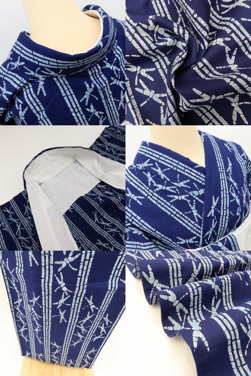 百華 Y5493 美品 洗える夏着物 高級仕立て 竹縞 勝ち虫 トンボ 手縫い仕立て 浴衣