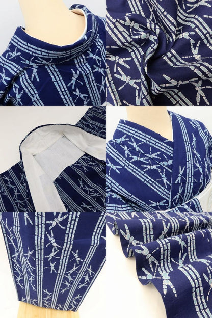 百華 Y5493 美品 洗える夏着物 高級仕立て 竹縞 勝ち虫 トンボ 手縫い仕立て 浴衣
