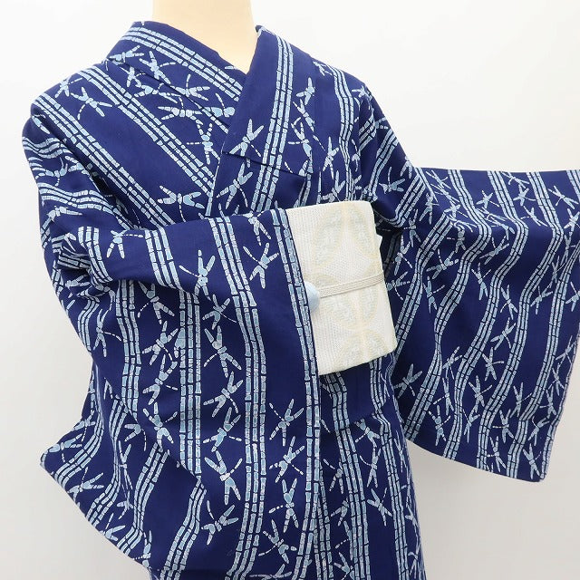百華 Y5493 美品 洗える夏着物 高級仕立て 竹縞 勝ち虫 トンボ 手縫い仕立て 浴衣
