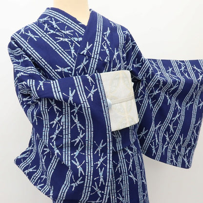 百華 Y5493 美品 洗える夏着物 高級仕立て 竹縞 勝ち虫 トンボ 手縫い仕立て 浴衣