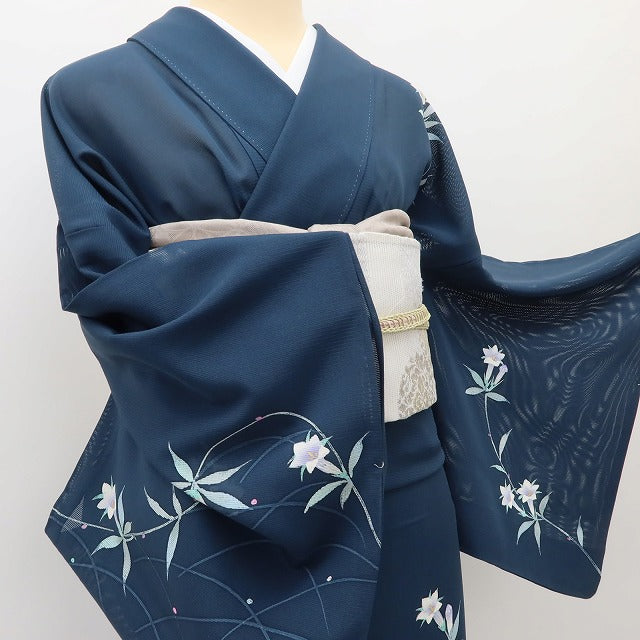 百華 Y5495 美品 夏着物 絽 正絹 桔梗 露芝 手縫い仕立て 訪問着