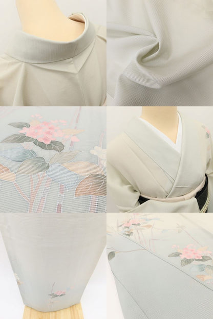百華 Y5498 美品 夏着物 丹後ちりめん 手描き友禅 木賊 紫陽花 トールサイズ 絽 正絹 手縫い仕立て 訪問着