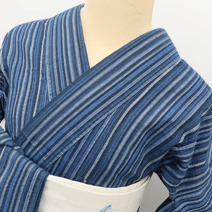 百華 Y5501 洗える夏着物 しじら織 縦縞 Sサイズ 綿 居敷当て付 手縫い仕立て 浴衣