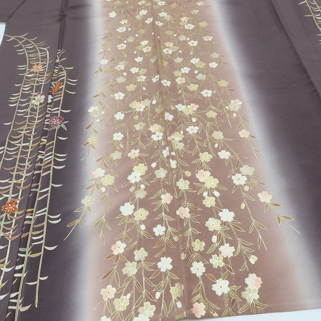百華 Y5546 着物 単衣 金駒刺繍 正絹 柳と桜 手縫い仕立て 訪問着