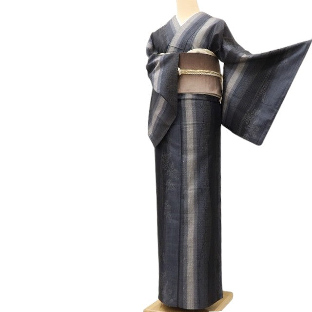 百華 Y5588 美品 着物 縦縞 単衣 正絹 手縫い仕立て 結城紬