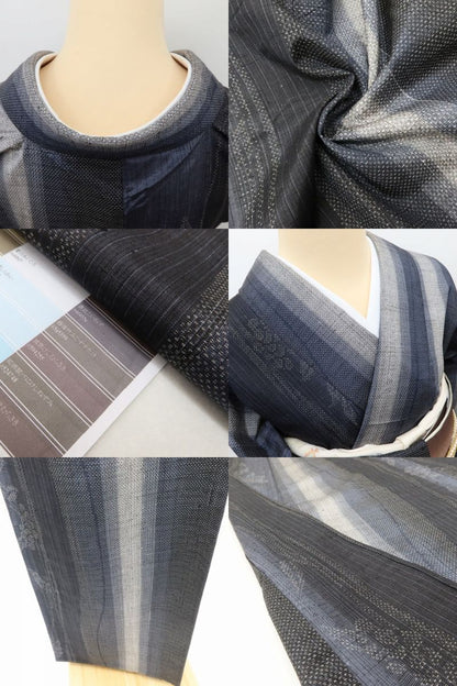 百華 Y5588 美品 着物 縦縞 単衣 正絹 手縫い仕立て 結城紬