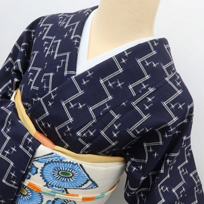 百華 Y5589 美品 着物 単衣 正絹 居敷当て付 手縫い仕立て 紬
