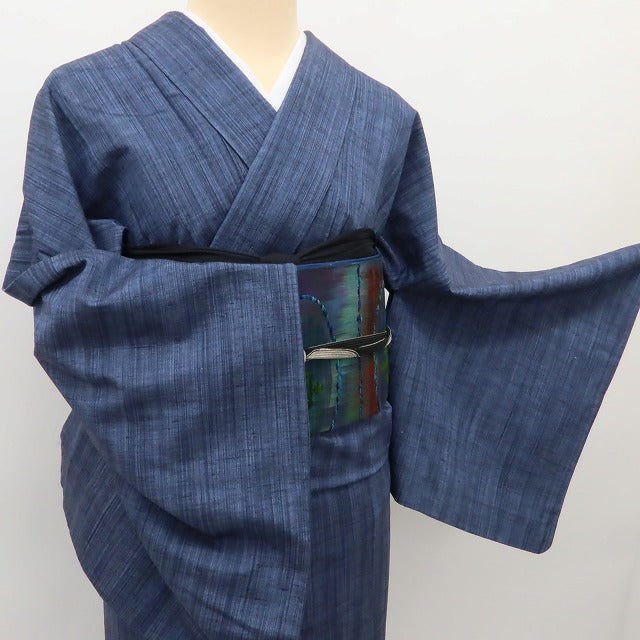 百華 Y5590 美品 着物 縦縞 単衣 正絹 居敷当て付 手縫い仕立て 紬