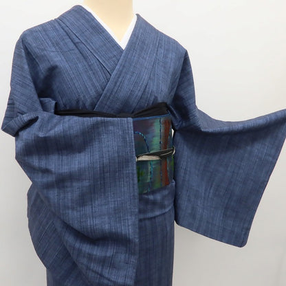百華 Y5590 美品 着物 縦縞 単衣 正絹 居敷当て付 手縫い仕立て 紬