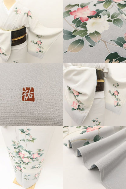 百華 Y5598 美品未着用 仕付け糸付 手描き友禅 作家物落款 椿 着物 正絹 手縫い仕立て 訪問着