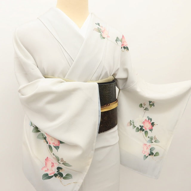 百華 Y5598 美品未着用 仕付け糸付 手描き友禅 作家物落款 椿 着物 正絹 手縫い仕立て 訪問着