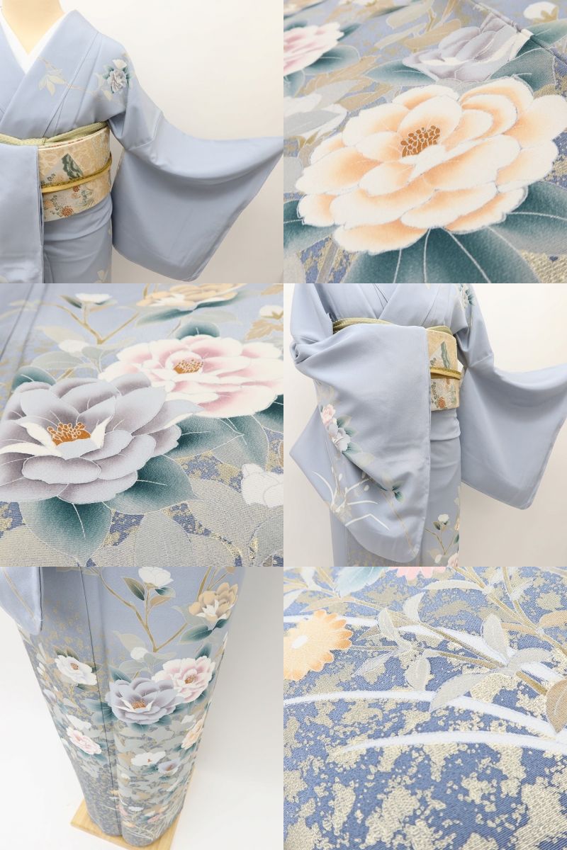 百華 Y5599 新品 仕付け糸付 トールサイズ 箔ちらし 椿 菊 着物 正絹 手縫い仕立て 訪問着