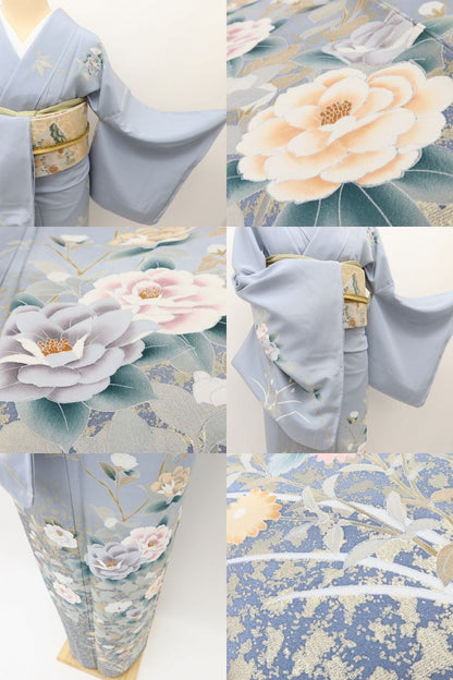 百華 Y5599 新品 仕付け糸付 トールサイズ 箔ちらし 椿 菊 着物 正絹 手縫い仕立て 訪問着