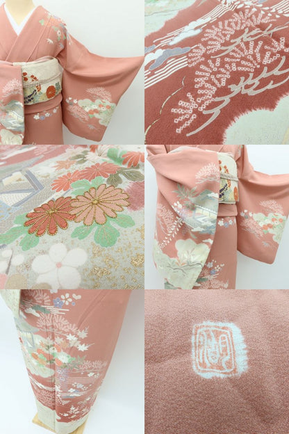 百華 Y5605 美品 滝泰謹製 落款 金駒刺繍 Sサイズ 着物 正絹 手縫い仕立て 訪問着