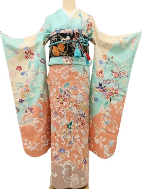 百華 Y5609 鳳凰 花喰い鳥 唐花 金駒刺繍 着物 正絹 手縫い仕立て 成人式 振袖