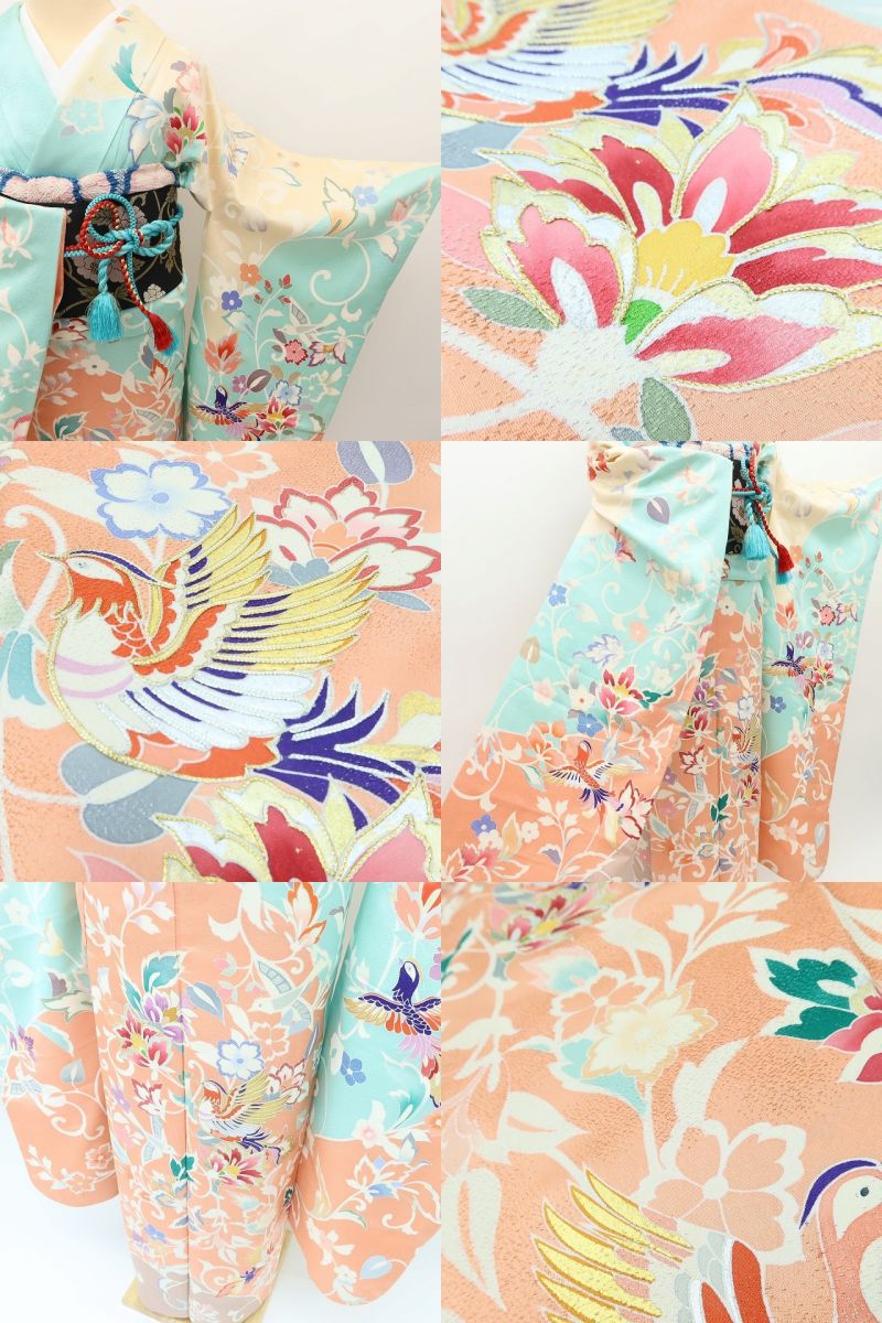 百華 Y5609 鳳凰 花喰い鳥 唐花 金駒刺繍 着物 正絹 手縫い仕立て 成人式 振袖