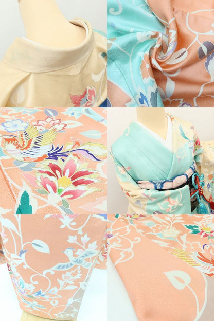 百華 Y5609 鳳凰 花喰い鳥 唐花 金駒刺繍 着物 正絹 手縫い仕立て 成人式 振袖