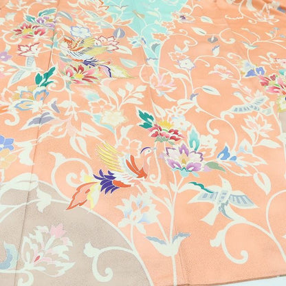 百華 Y5609 鳳凰 花喰い鳥 唐花 金駒刺繍 着物 正絹 手縫い仕立て 成人式 振袖