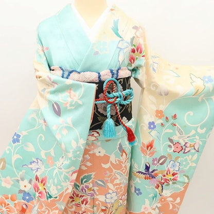 百華 Y5609 鳳凰 花喰い鳥 唐花 金駒刺繍 着物 正絹 手縫い仕立て 成人式 振袖