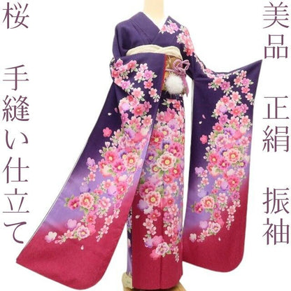 百華 Y5611 美品 桜 着物 正絹 手縫い仕立て 成人式 振袖