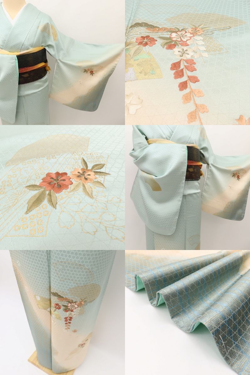 百華Y5619 新品 仕付け糸付 トールサイズ 扇 刺繍 着物 正絹 手縫い仕立て 訪問着